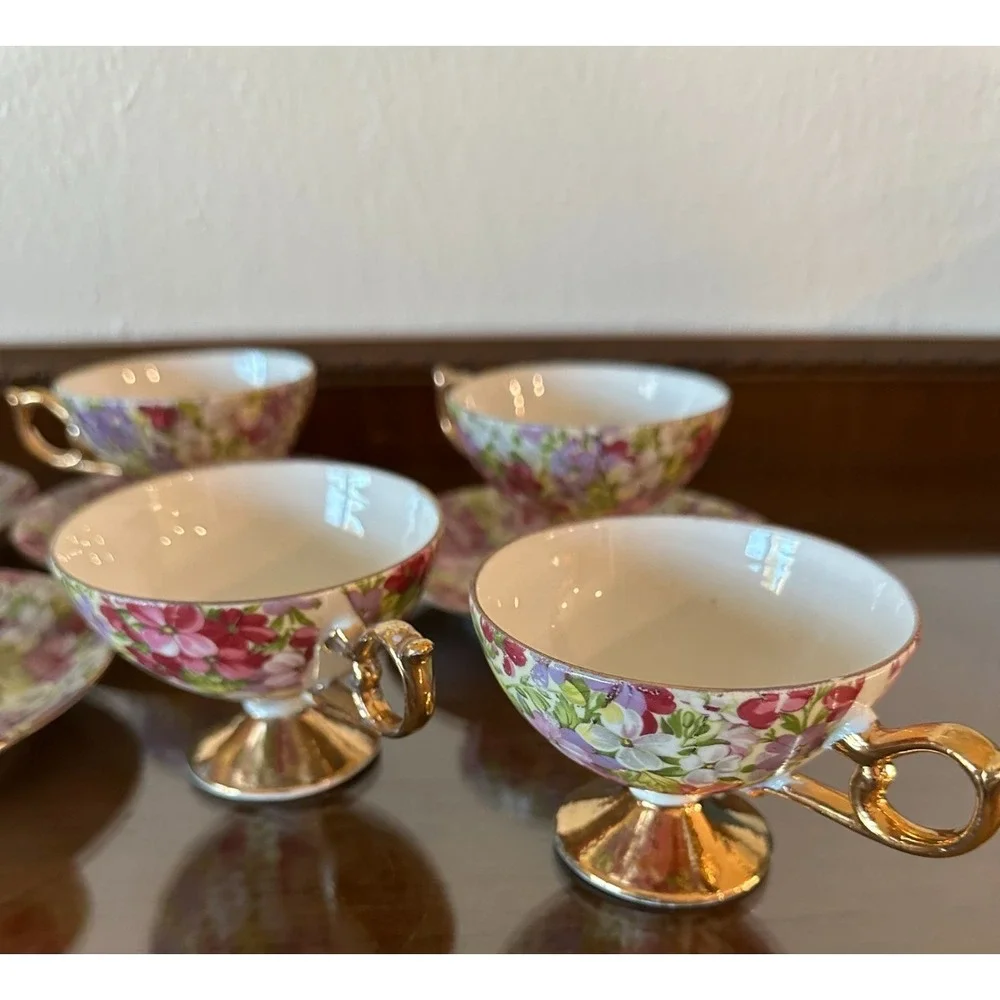 Set of 9 Vintage Fancy China Teacups & Saucers Flower Floral Pattern‎
